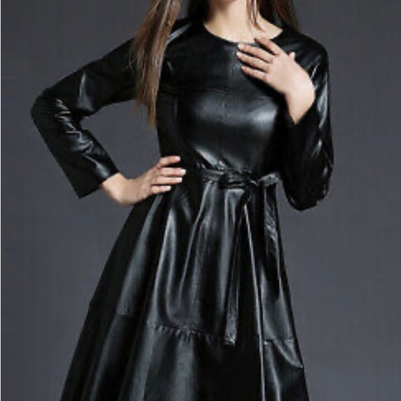 Womens Faux Leather Bodycon Dress Long Sleeve Belt Shirt Dress. - Picture 5 of 6